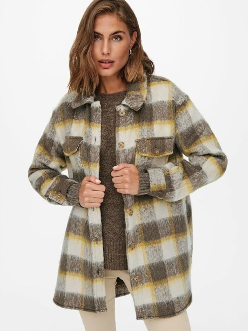ONLY Women's Onlepic Check Shacket XS Plaid Cozy Fall Neutral Jacket Button Down
